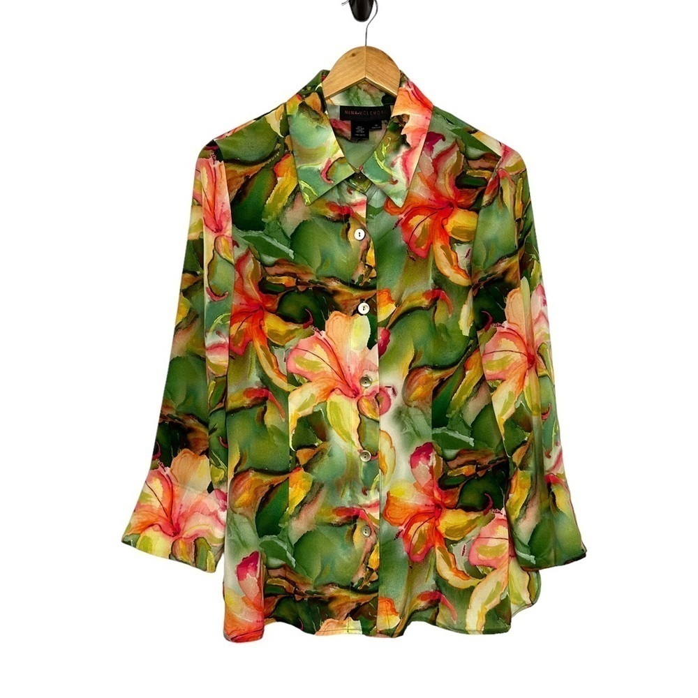 Nina Mclemore Women Silk Floral Button Up Blouse Sz 10 Multicolor top 3/4 Sleeve